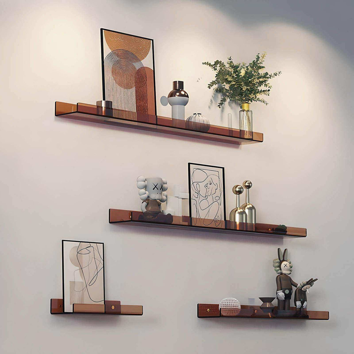 Modern amber-colored minimal acrylic shelf with sleek minimalist design perfect for stylish wall storage