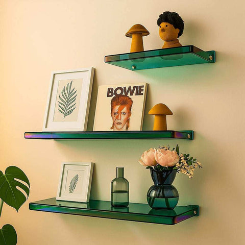 The minimal acrylic shelf features iridescent green acrylic shelves with sleek metallic brackets for a modern look