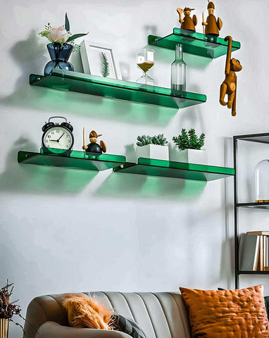 The minimal acrylic shelf features sleek green glass shelves with a transparent finish for a clean acrylic shelf look