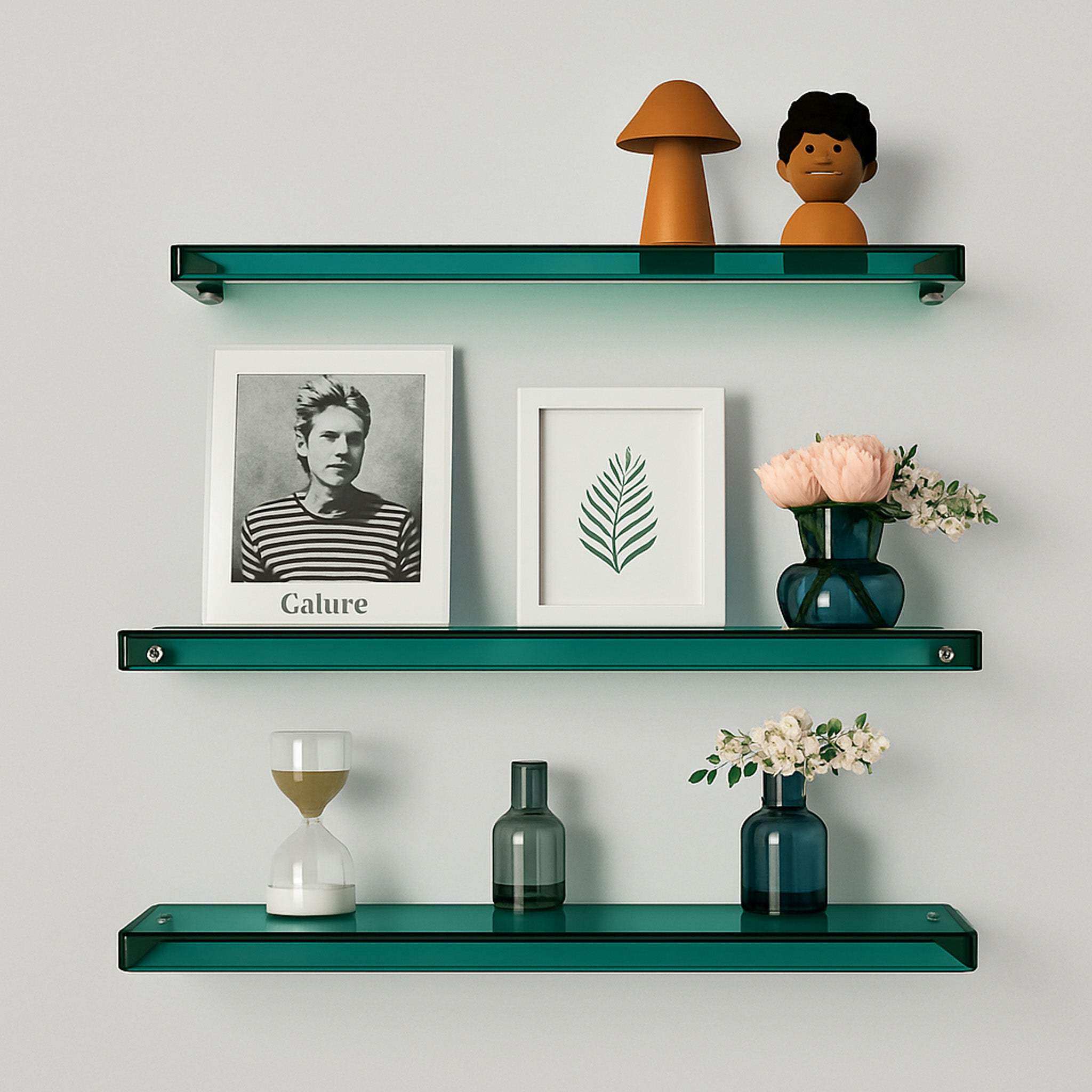 Teal minimal acrylic shelf with floating glass design holding framed photos and decorative vases