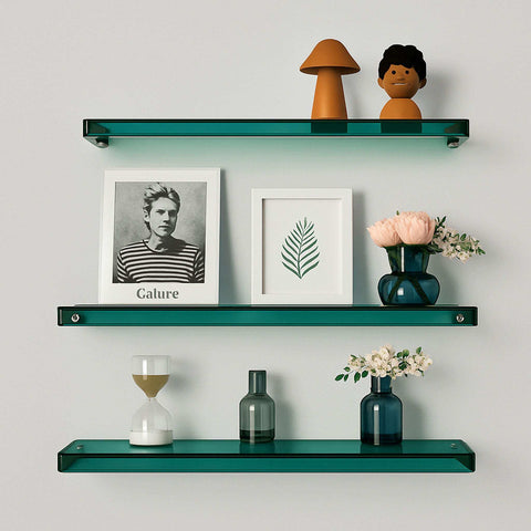 Teal minimal acrylic shelf with floating glass design holding framed photos and decorative vases
