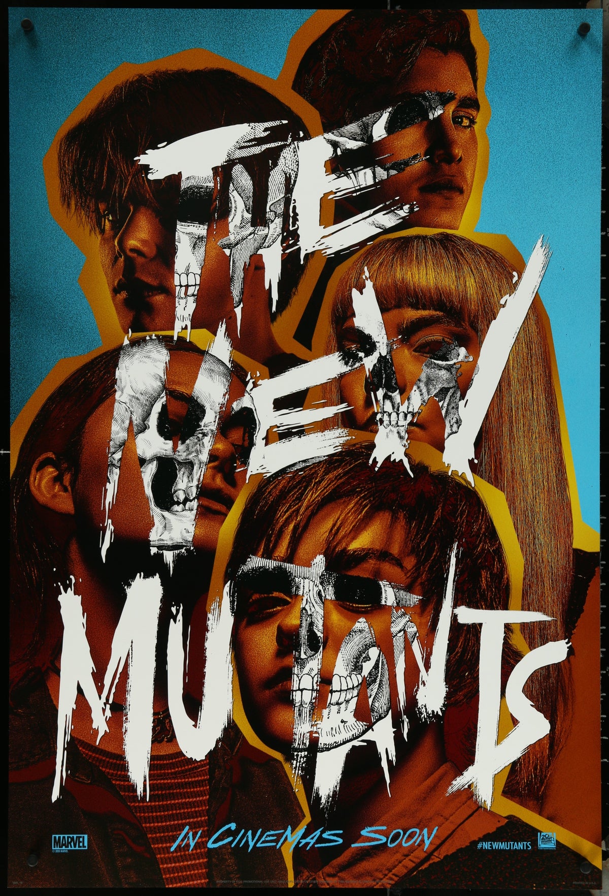 The new mutants 2020 original us sheet movie poster with bold white graffiti lettering on vibrant blue background