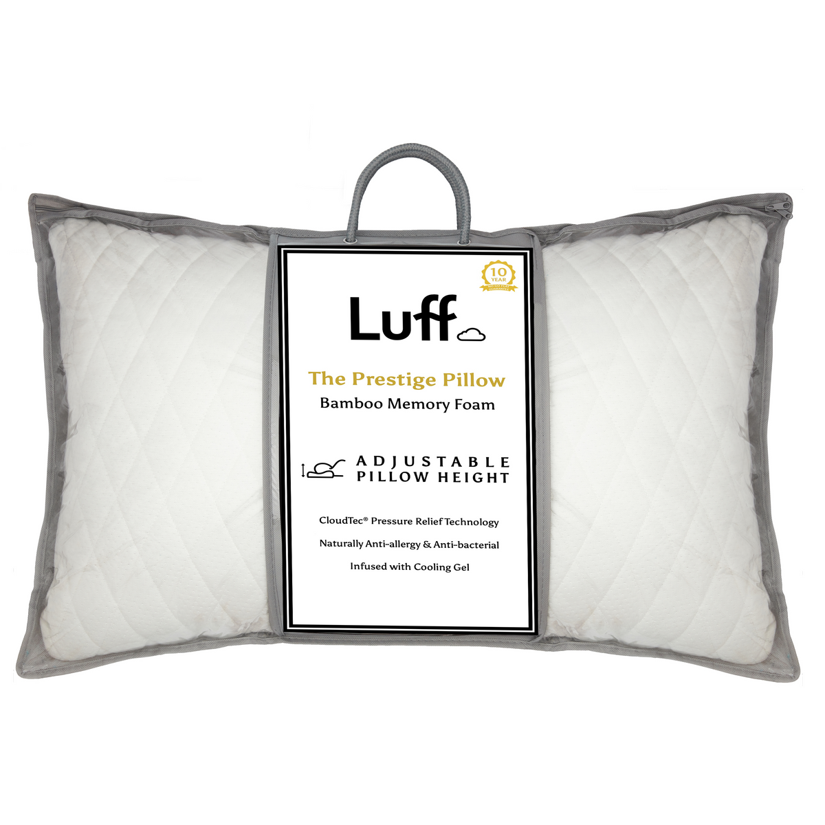 Gray and white prestige adjustable bamboo pillow with quilted design memory foam and cooling gel infusion