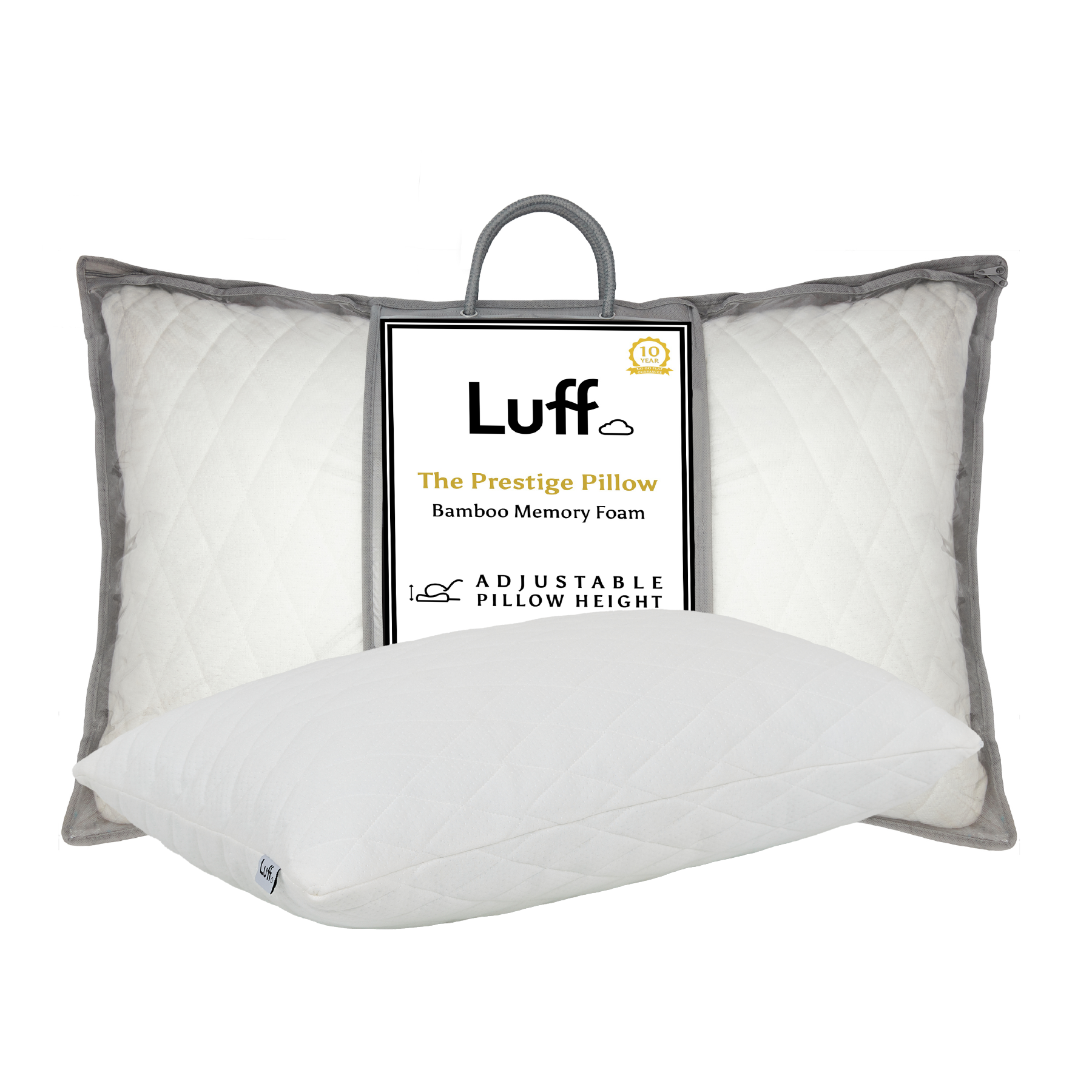 The prestige adjustable bamboo pillow in white luff with gray quilted edges and bamboo memory foam fill