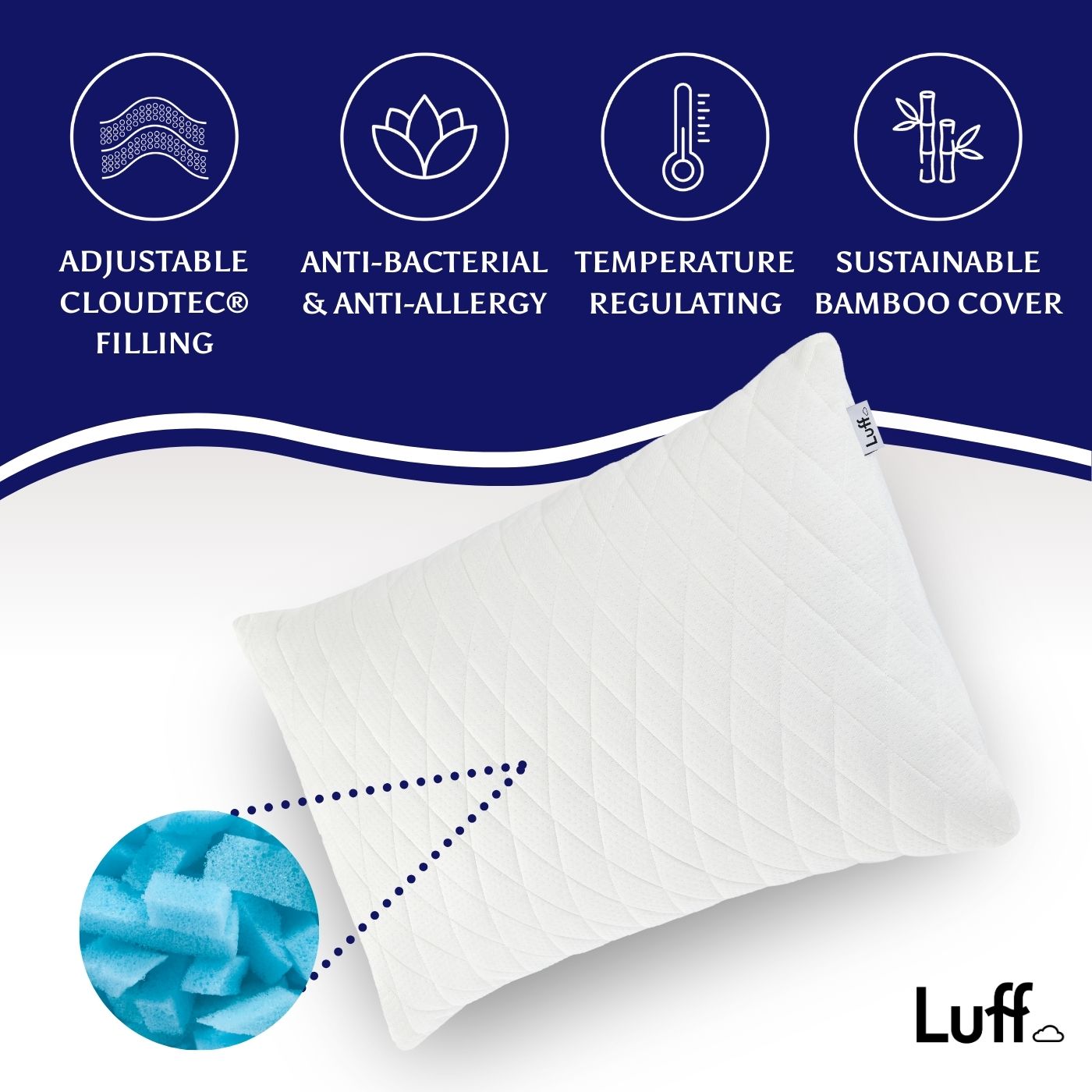 White pillow with quilted bamboo cover and adjustable cloudtec filling from the prestige adjustable bamboo pillow line