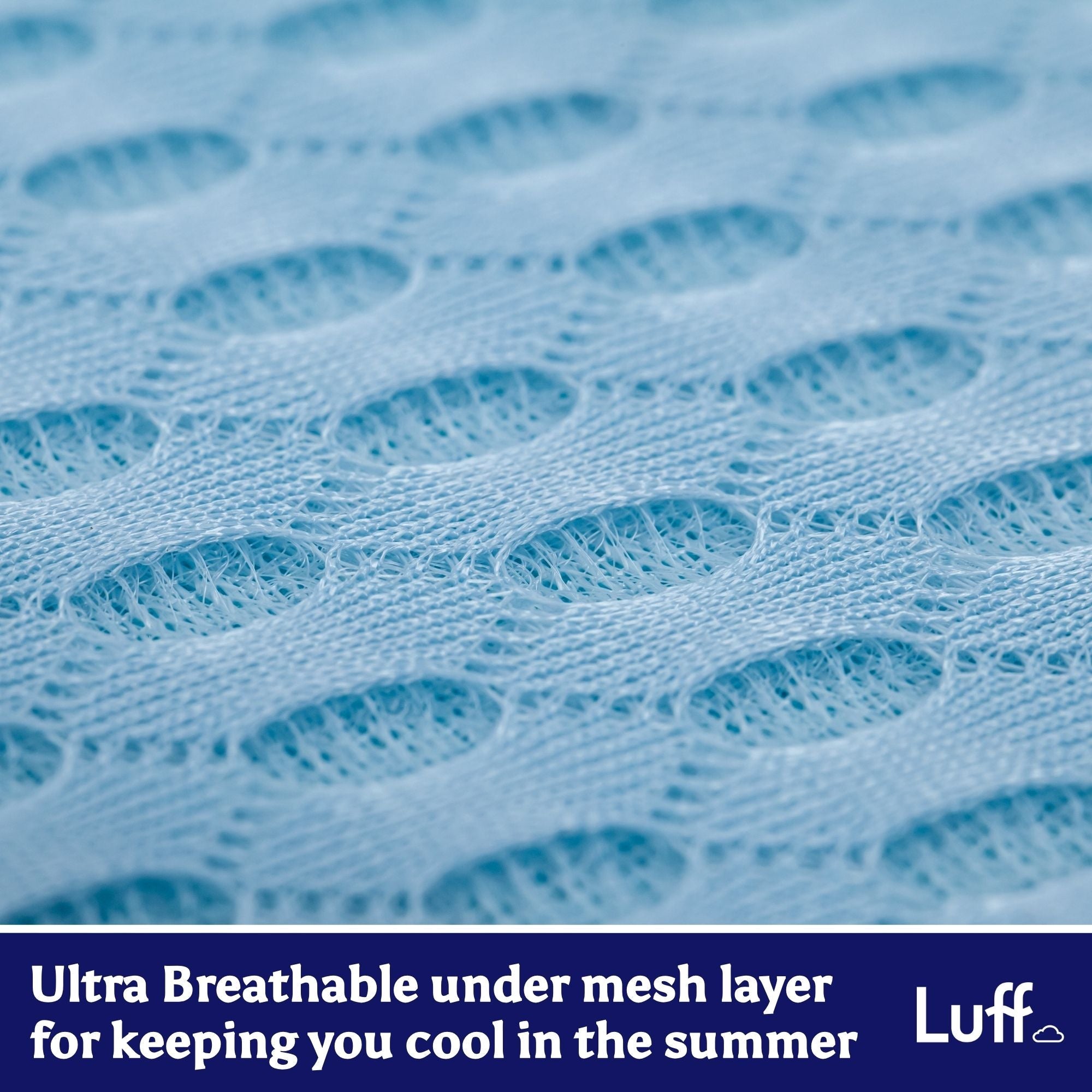 Light blue ultra breathable mesh layer with circular perforations for cooling on the prestige bamboo mattress topper