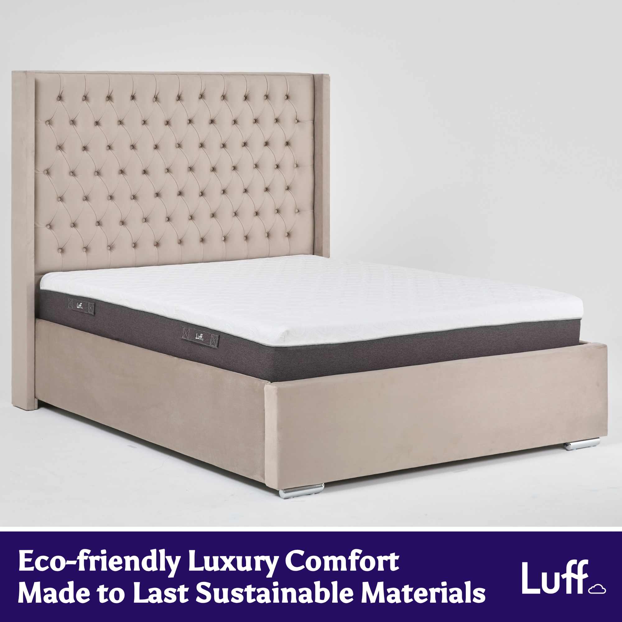 Beige tufted upholstered bed frame with white mattress and dark gray base featuring luff brand logo for the prestige hybrid bamboo mattress