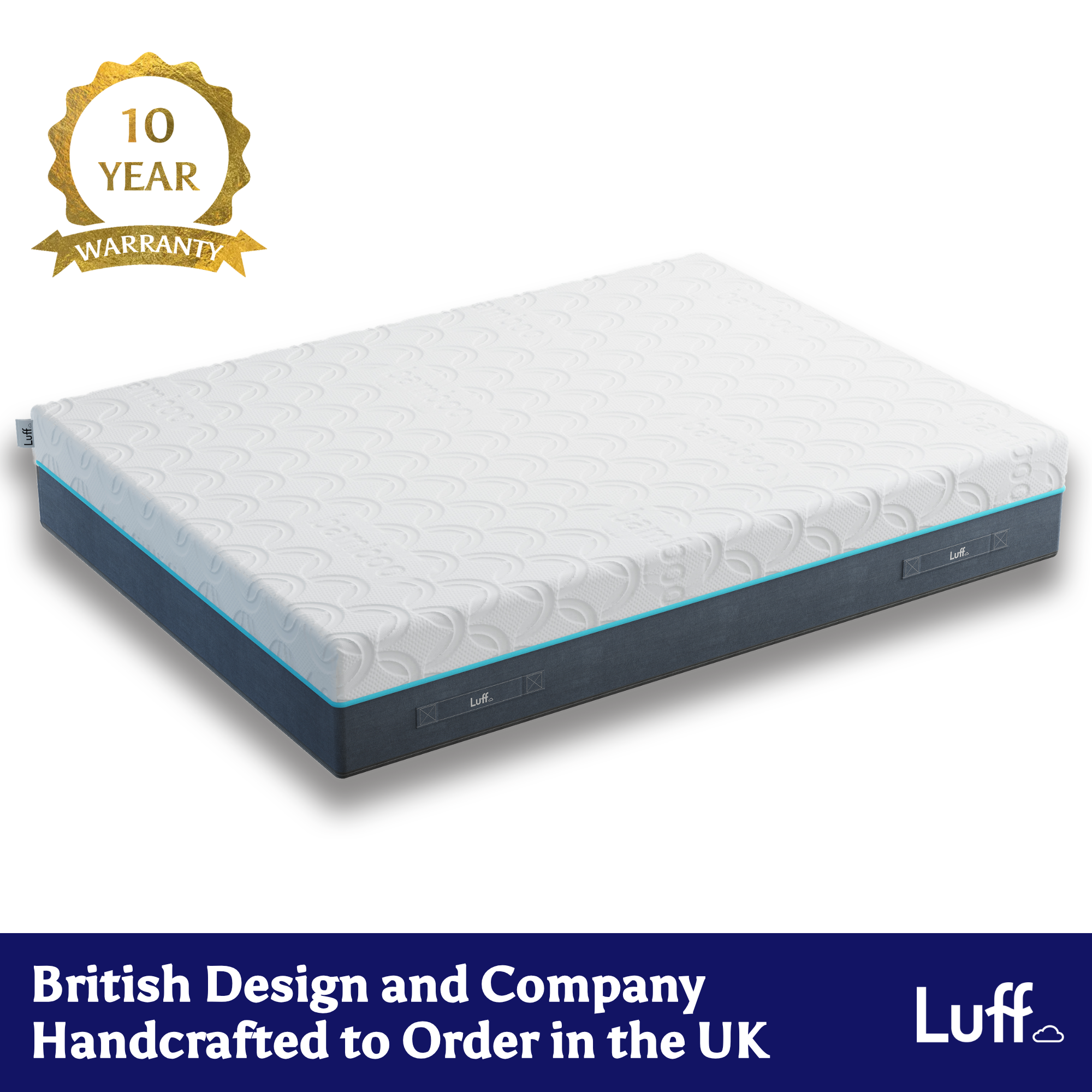 The prestige hybrid bamboo mattress with white luff cover, subtle wave pattern, teal trim, and dark blue base