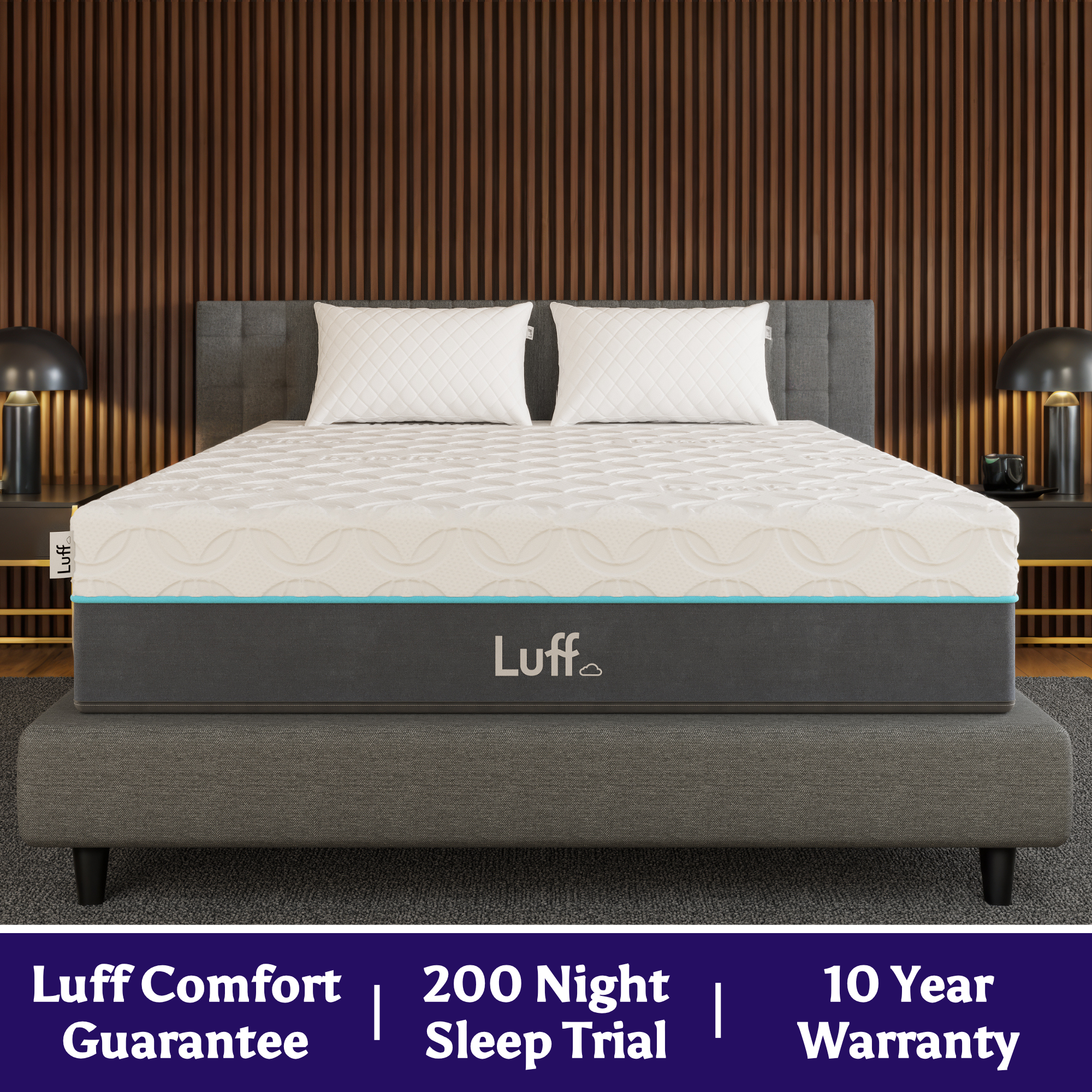The prestige hybrid bamboo mattress is a white quilted mattress with a gray base teal trim and luff brand logo on the side