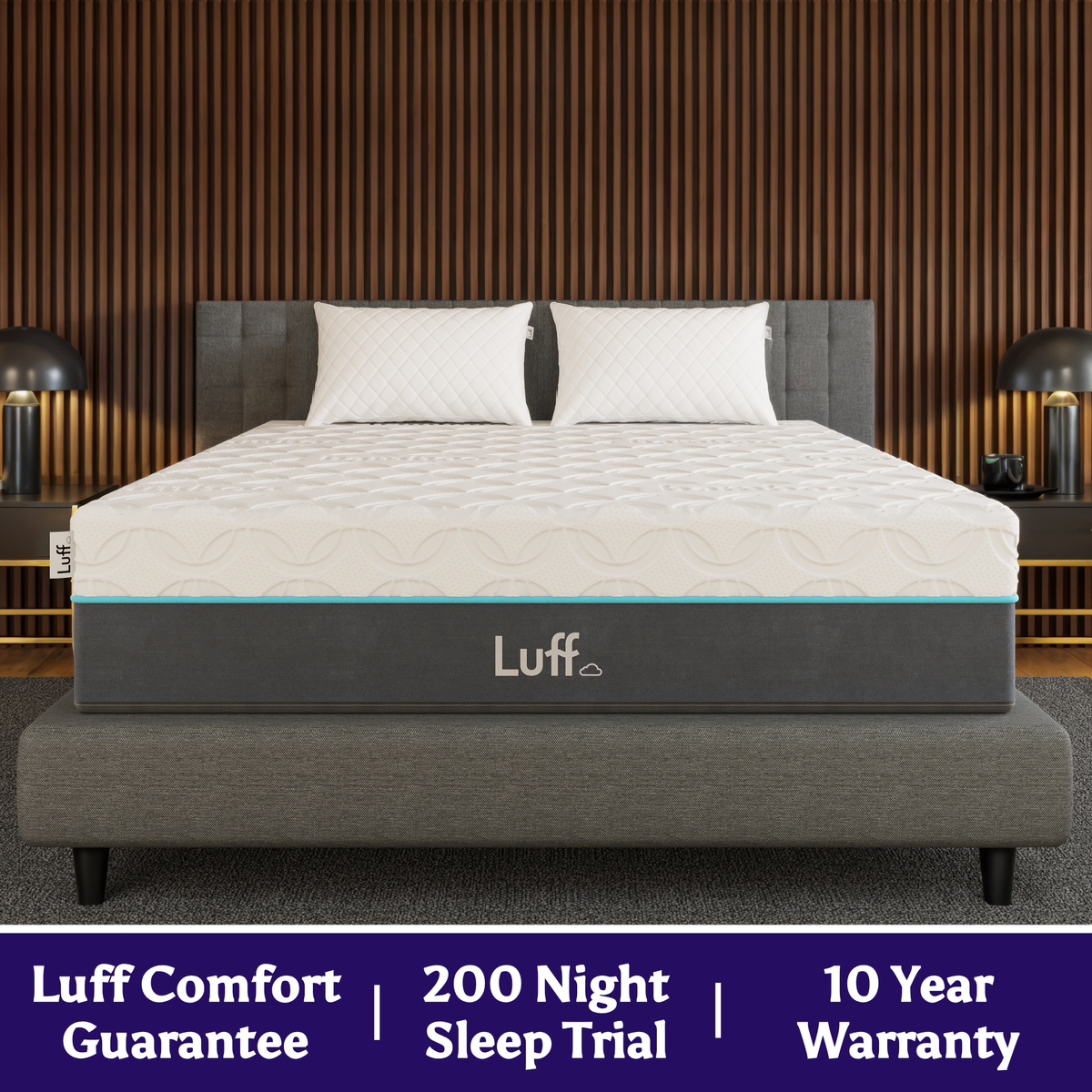 The prestige hybrid bamboo mattress is a white quilted mattress with a gray base teal trim and luff brand logo on the side