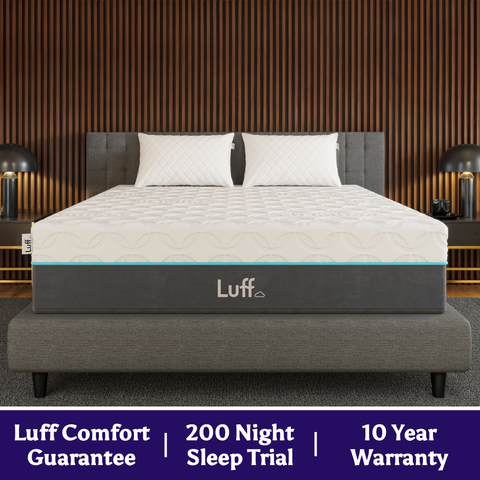 The prestige hybrid bamboo mattress is a white quilted mattress with a gray base teal trim and luff brand logo on the side