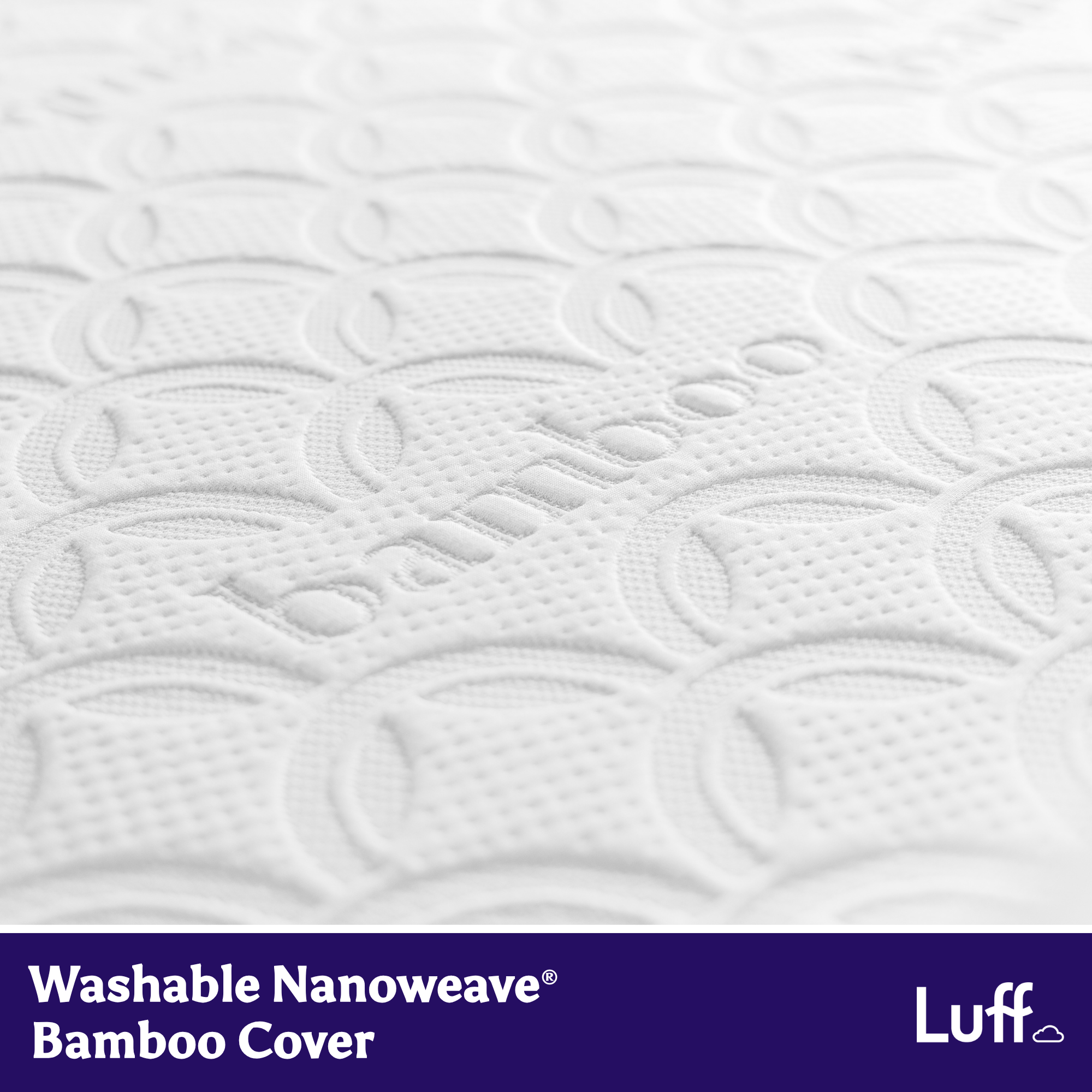 White textured bamboo cover with embossed pattern and luff brand name on the prestige hybrid bamboo mattress