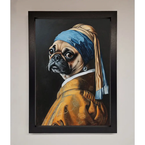 The Pug With The Pearl Earring Framed Print - A3 (29.7 x 42 cm) / Black - Framed Print