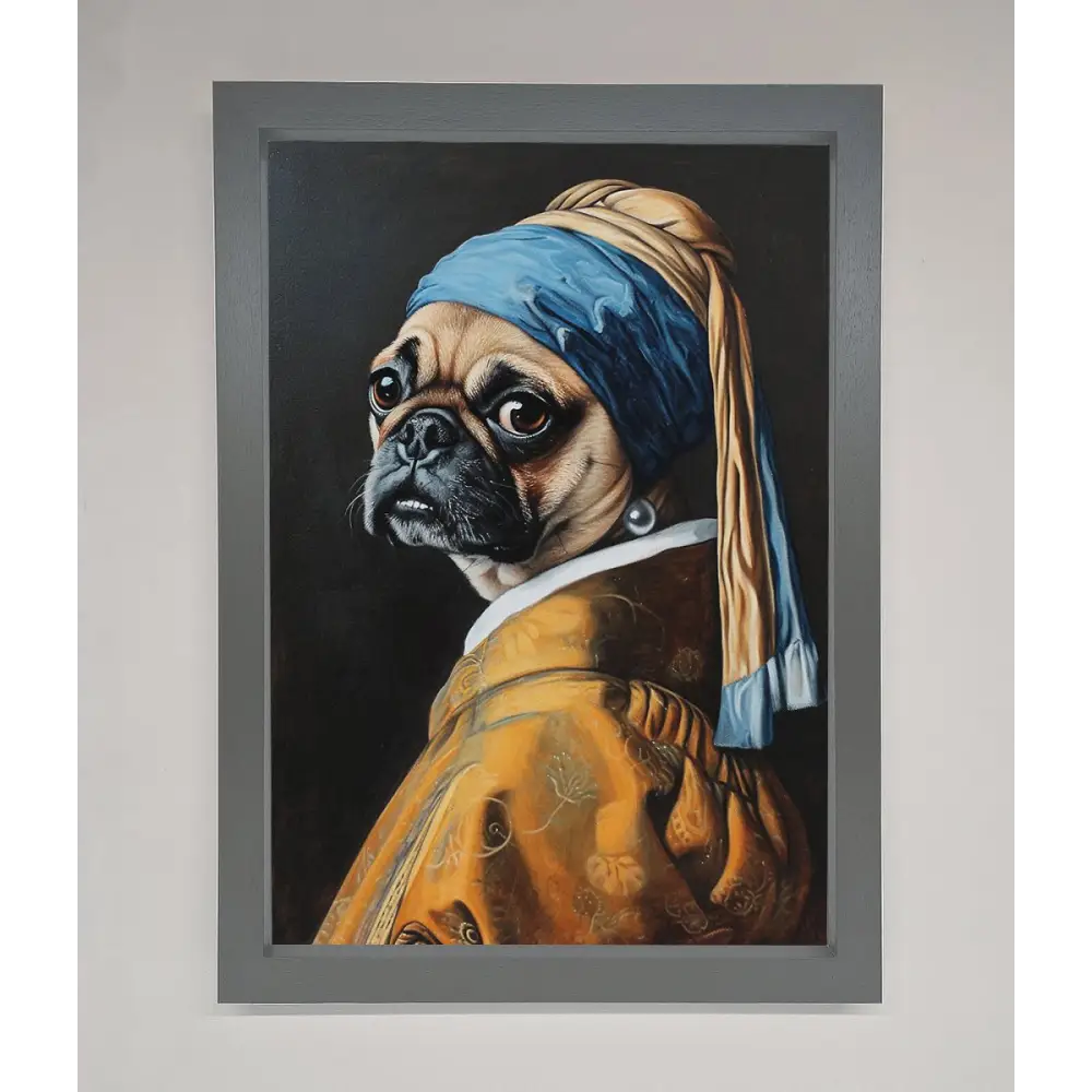 The Pug With The Pearl Earring Framed Print - A3 (29.7 x 42 cm) / Dark Grey - Framed Print