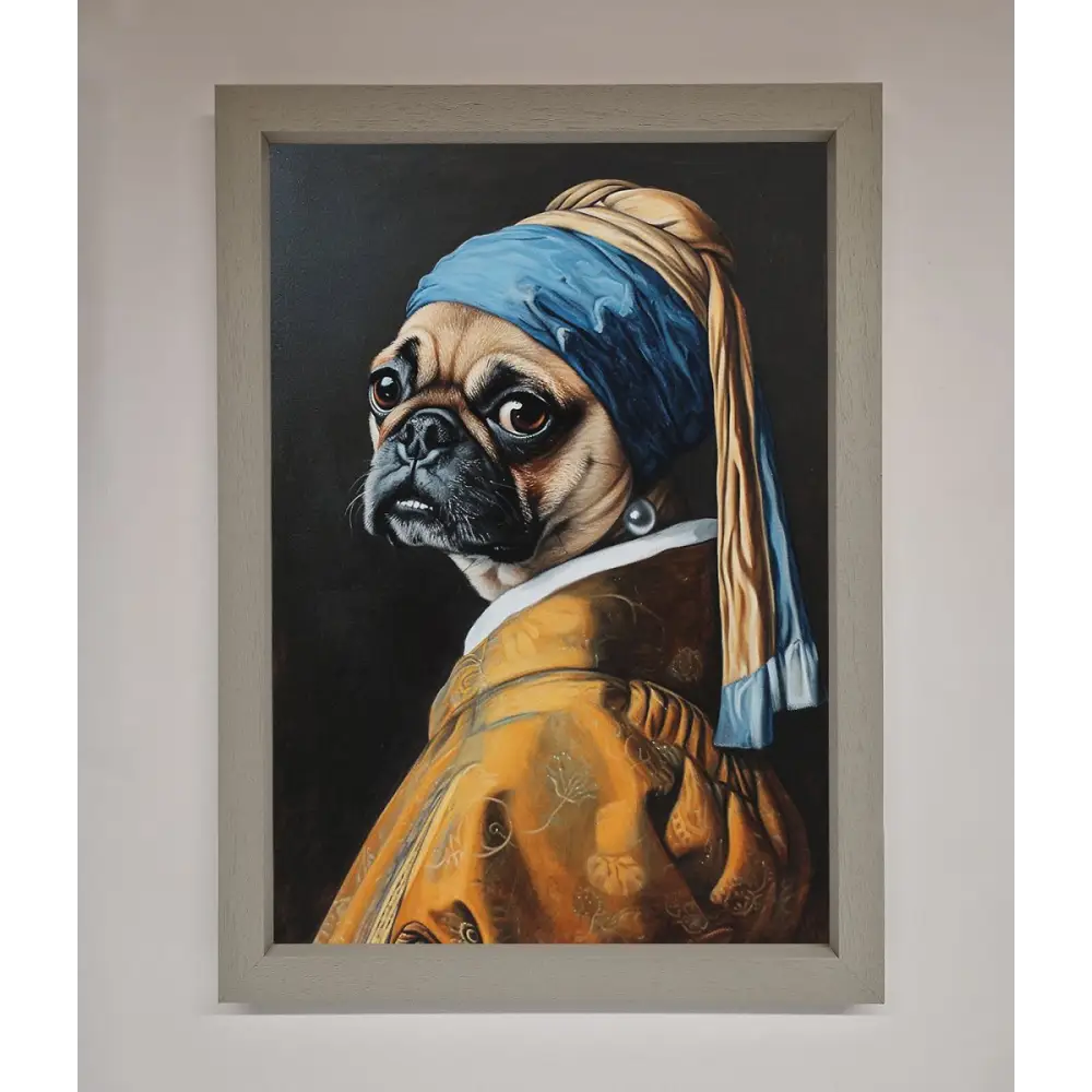 The Pug With The Pearl Earring Framed Print - A3 (29.7 x 42 cm) / Grey - Framed Print