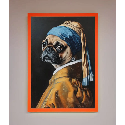 The Pug With The Pearl Earring Framed Print - A3 (29.7 x 42 cm) / Neon Orange - Framed Print