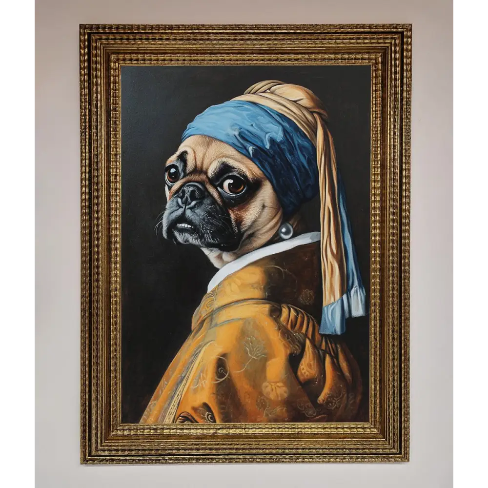 The Pug With The Pearl Earring Framed Print - A3 (29.7 x 42 cm) / Ornate Gold - Framed Print