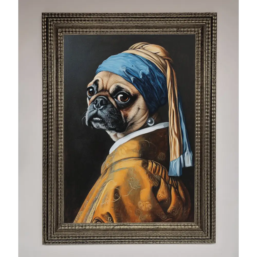 The Pug With The Pearl Earring Framed Print - A3 (29.7 x 42 cm) / Ornate Silver - Framed Print