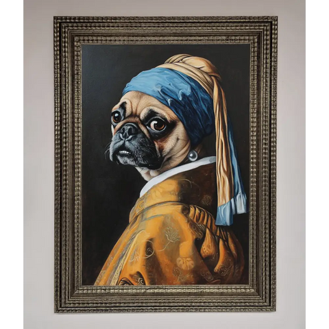 The Pug With The Pearl Earring Framed Print - A3 (29.7 x 42 cm) / Ornate Silver - Framed Print