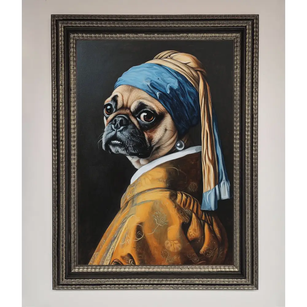 The Pug With The Pearl Earring Framed Print - A3 (29.7 x 42 cm) / Ornate Silver Black - Framed Print