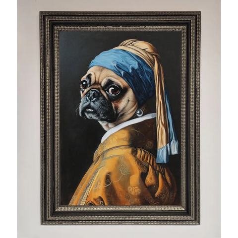 The Pug With The Pearl Earring Framed Print - A3 (29.7 x 42 cm) / Ornate Silver Black - Framed Print