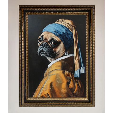 The Pug With The Pearl Earring Framed Print - A3 (29.7 x 42 cm) / Ornate Gold Black - Framed Print