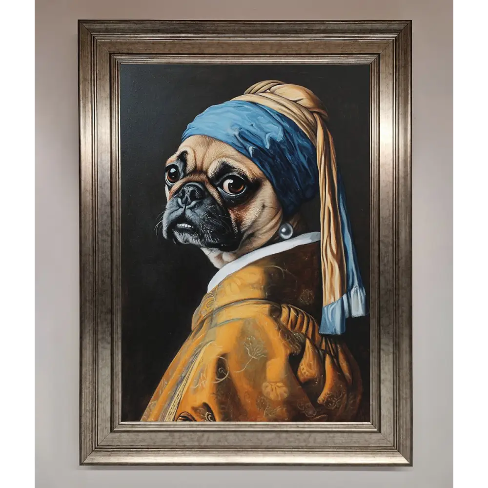 The Pug With The Pearl Earring Framed Print - A3 (29.7 x 42 cm) / Silver - Framed Print
