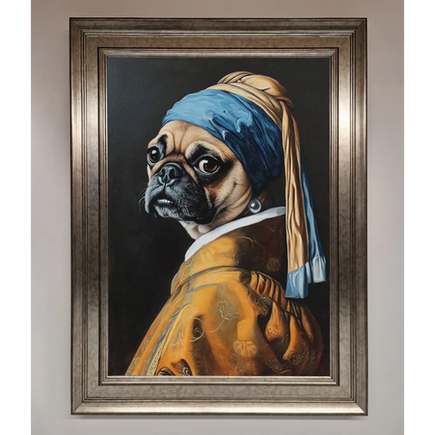 The Pug With The Pearl Earring Framed Print - A3 (29.7 x 42 cm) / Silver - Framed Print