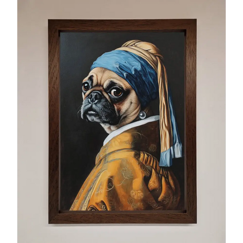 The Pug With The Pearl Earring Framed Print - A3 (29.7 x 42 cm) / Walnut - Framed Print