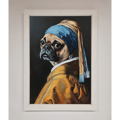 The Pug With The Pearl Earring Framed Print - A3 (29.7 x 42 cm) / White - Framed Print