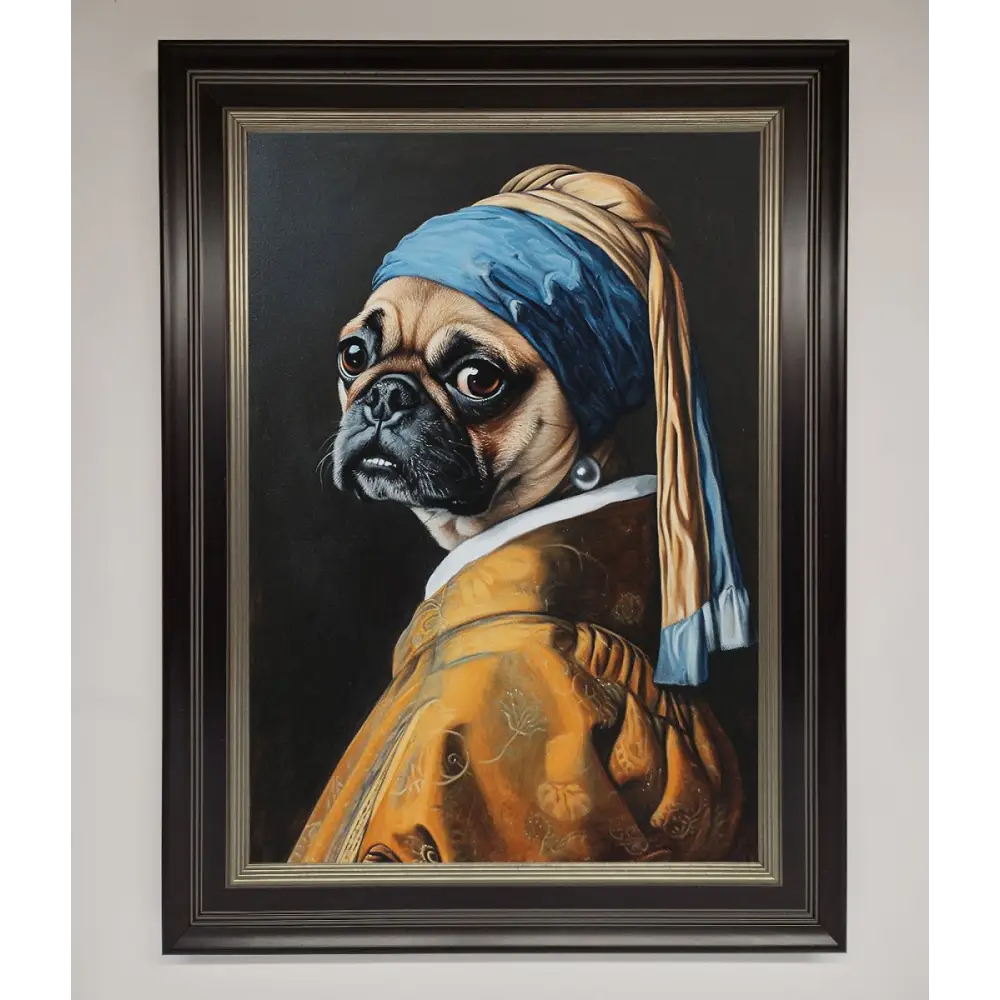 The Pug With The Pearl Earring Framed Print - B0 (100 x 141 cm) / Black Silver - Framed Print