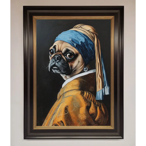 The Pug With The Pearl Earring Framed Print - B0 (100 x 141 cm) / Black Gold - Framed Print