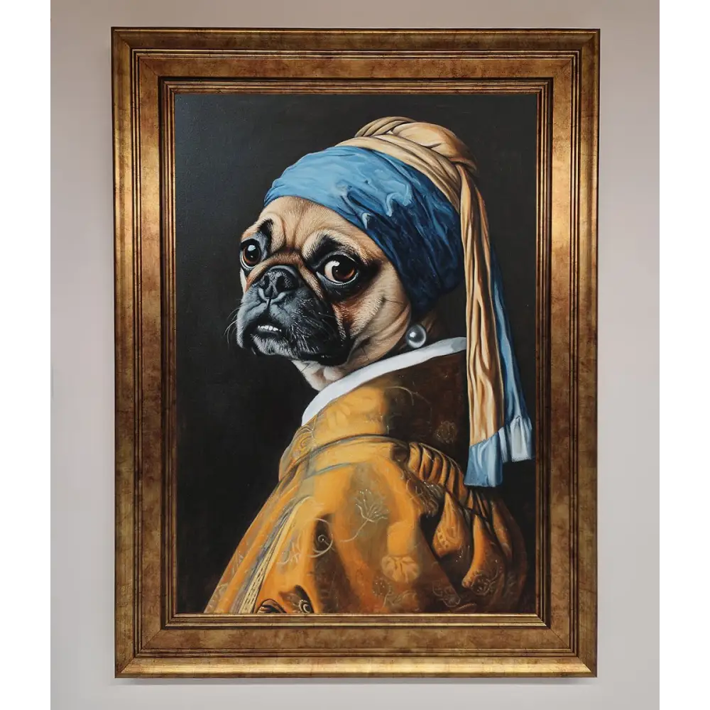 The Pug With The Pearl Earring Framed Print - B0 (100 x 141 cm) / Bronze - Framed Print