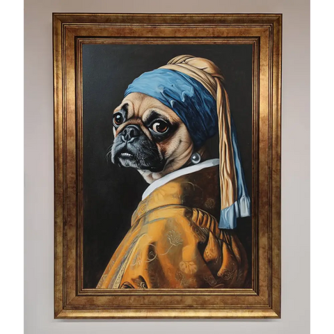 The Pug With The Pearl Earring Framed Print - B0 (100 x 141 cm) / Bronze - Framed Print