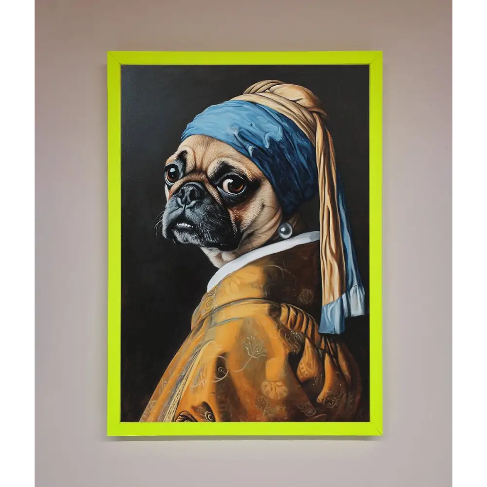 The Pug With The Pearl Earring Framed Print - B0 (100 x 141 cm) / Neon Green - Framed Print