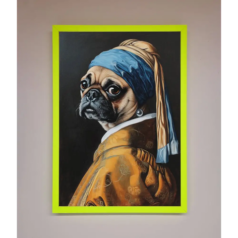 The Pug With The Pearl Earring Framed Print - B0 (100 x 141 cm) / Neon Green - Framed Print