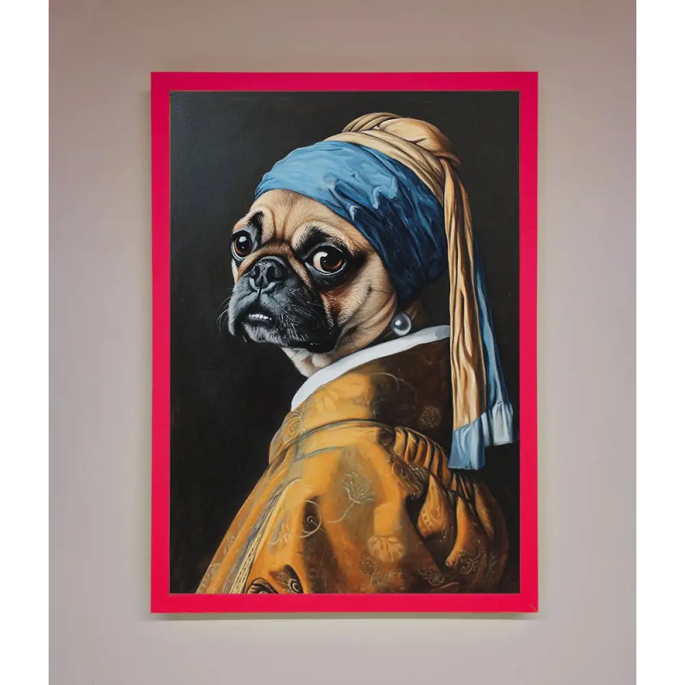 The Pug With The Pearl Earring Framed Print - B0 (100 x 141 cm) / Neon Pink - Framed Print