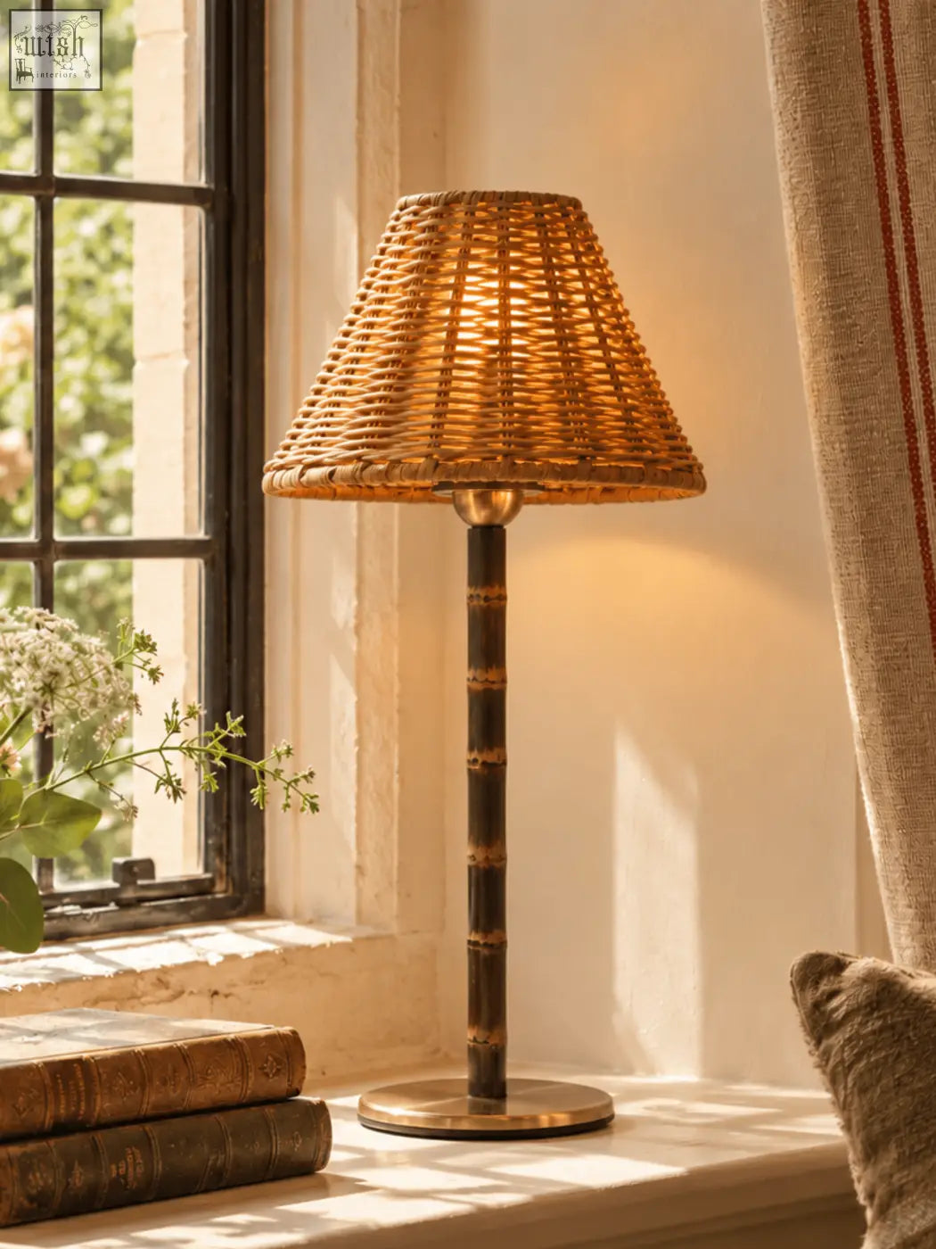The raffles lamp features a woven rattan lampshade with a solid brass base and responsibly sourced bamboo design
