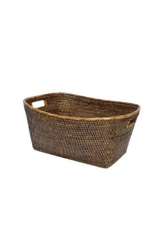 The rattan family basket is a dark brown woven rattan laundry basket with a rectangular shape and two handles