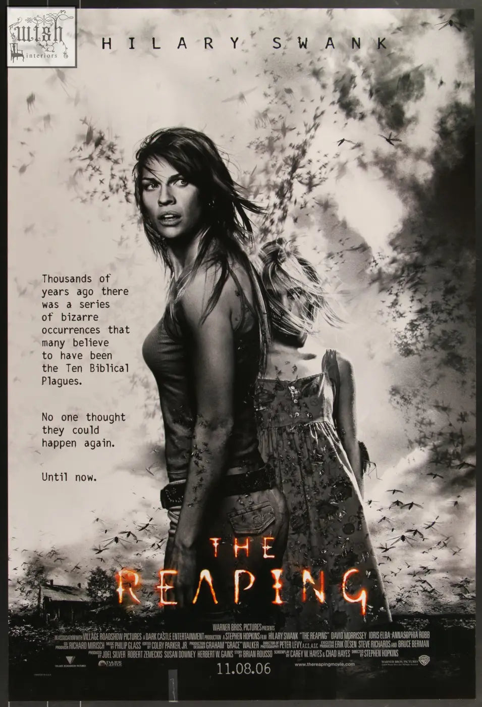 Black-and-white sheet movie poster for the reaping 2007 featuring hilary swank in a distressed outfit with birds flying