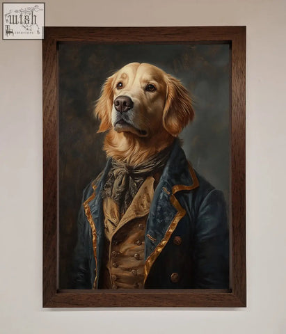 A renaissance golden retriever dressed in navy and gold coat in a dark wood framed wall art perfect for decor