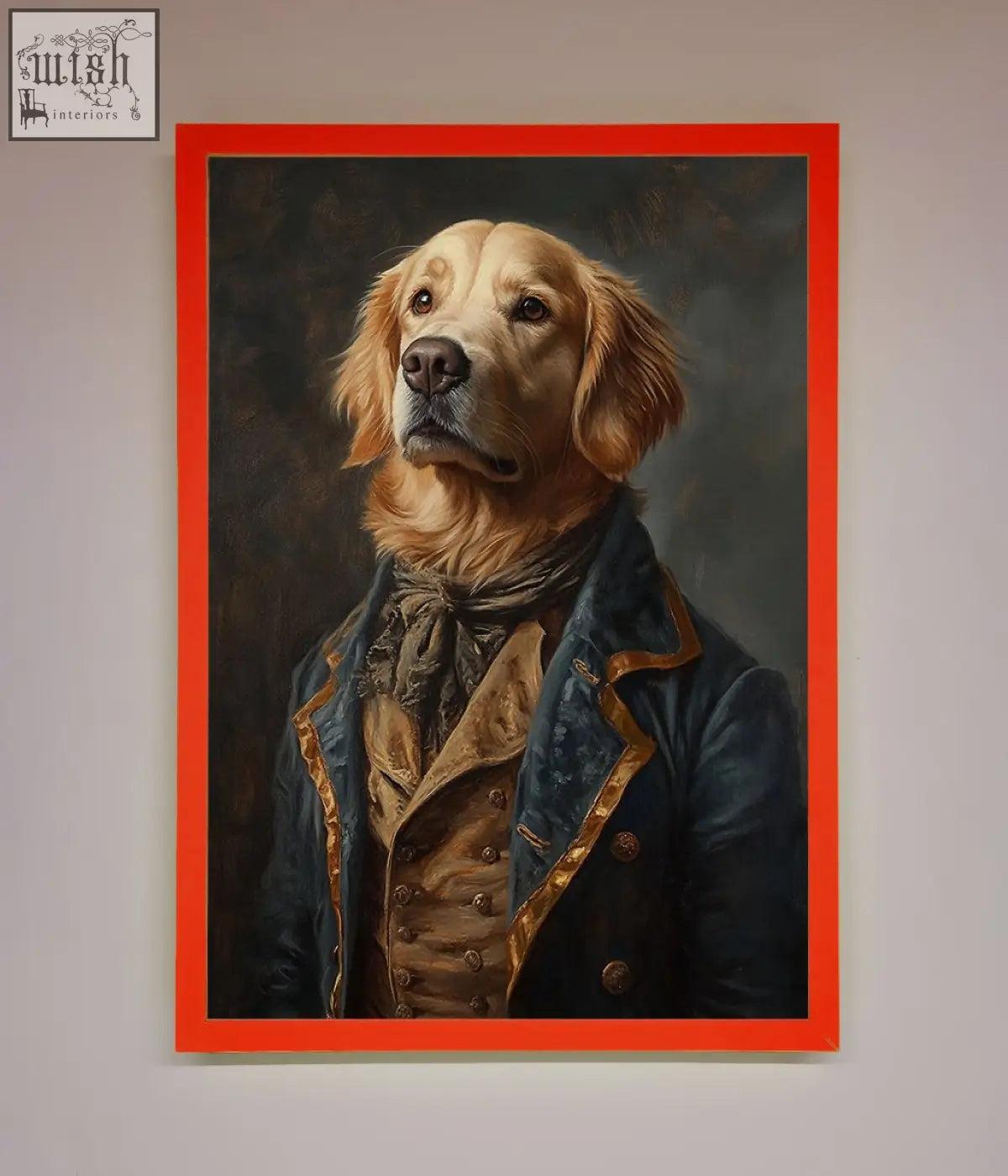 A renaissance golden retriever framed wall art featuring a golden retriever in navy gold coat with a vibrant red frame