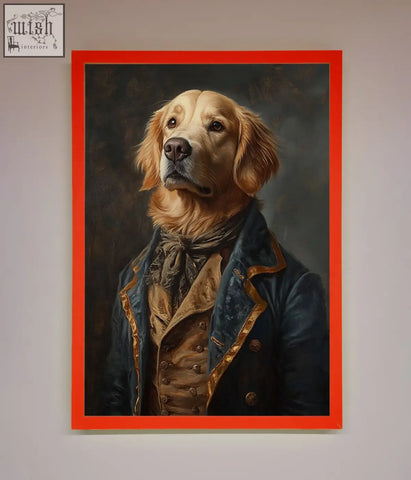 A renaissance golden retriever framed wall art featuring a golden retriever in navy gold coat with a vibrant red frame