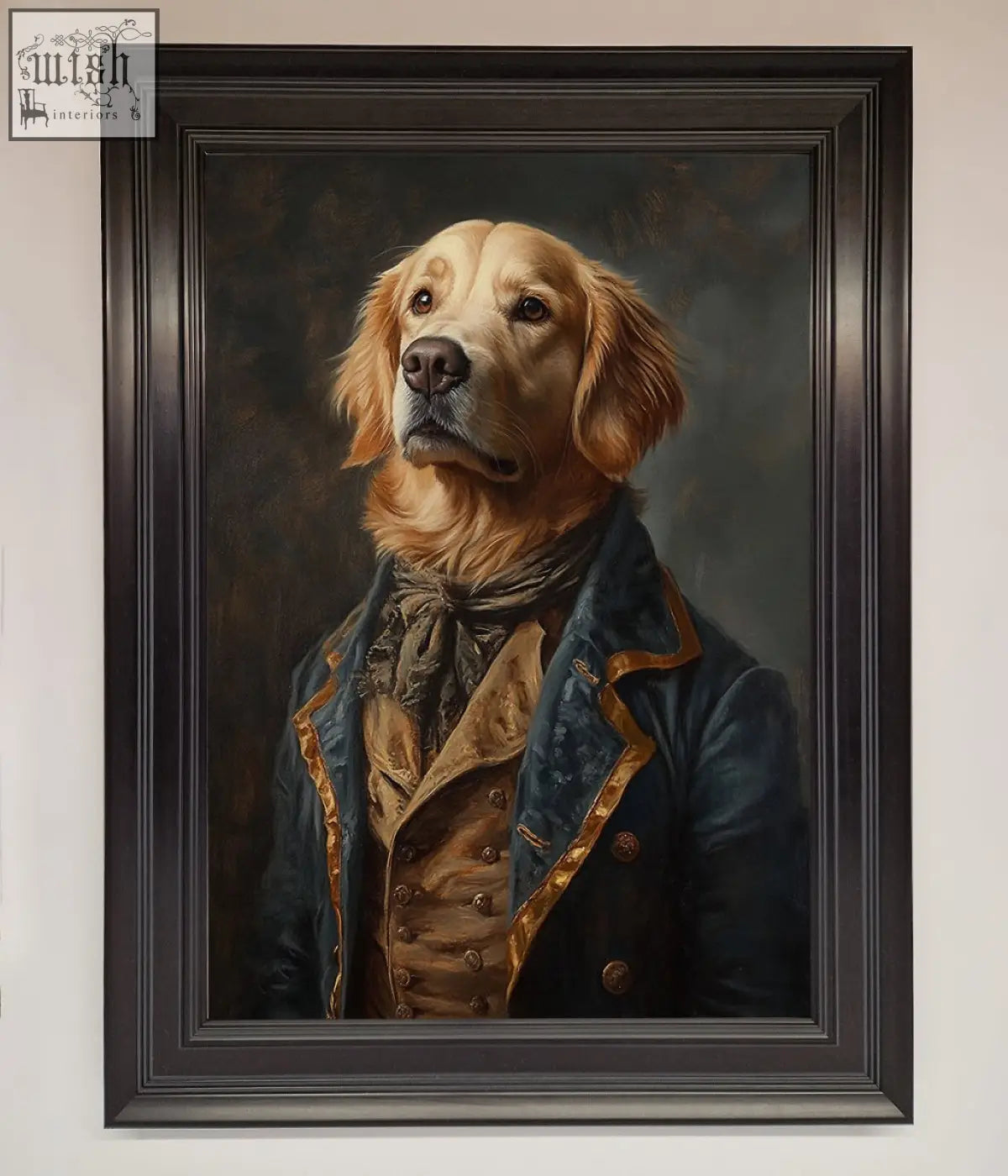 A renaissance golden retriever dressed in navy blue and gold coat in a dark wooden framed wall art piece