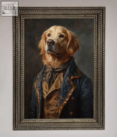 A renaissance golden retriever dressed in 18th-century attire in a silver-toned ornate framed wall art piece
