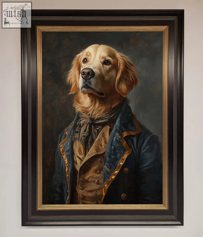 A renaissance golden retriever framed wall art featuring a golden retriever in a navy blue and gold coat in a dark wood frame