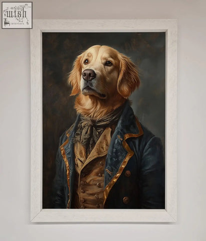 A framed wall art of a renaissance golden retriever in a navy blue and gold-trimmed historical coat