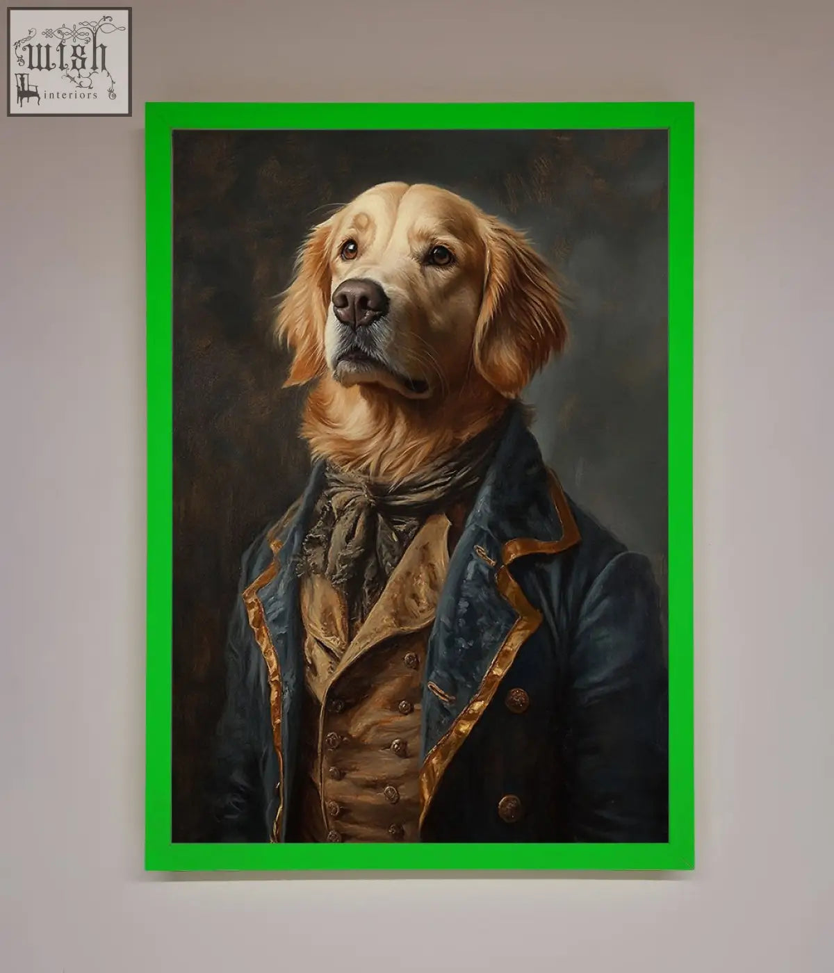 A framed wall art of a renaissance golden retriever in a navy blue and gold ornate military-style coat