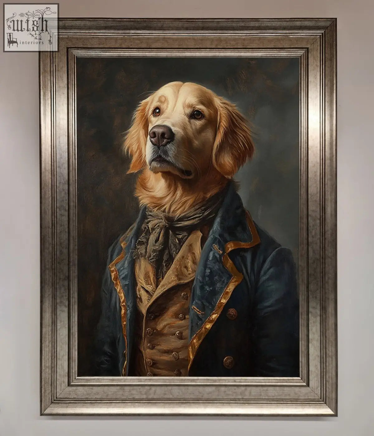 A framed wall art of a renaissance golden retriever in a navy blue and gold ornate military-style coat