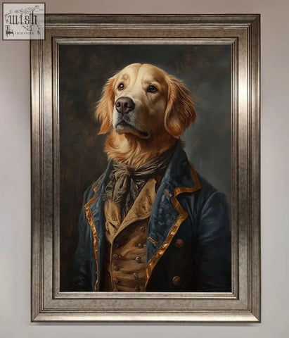A framed wall art of a renaissance golden retriever in a navy blue and gold ornate military-style coat